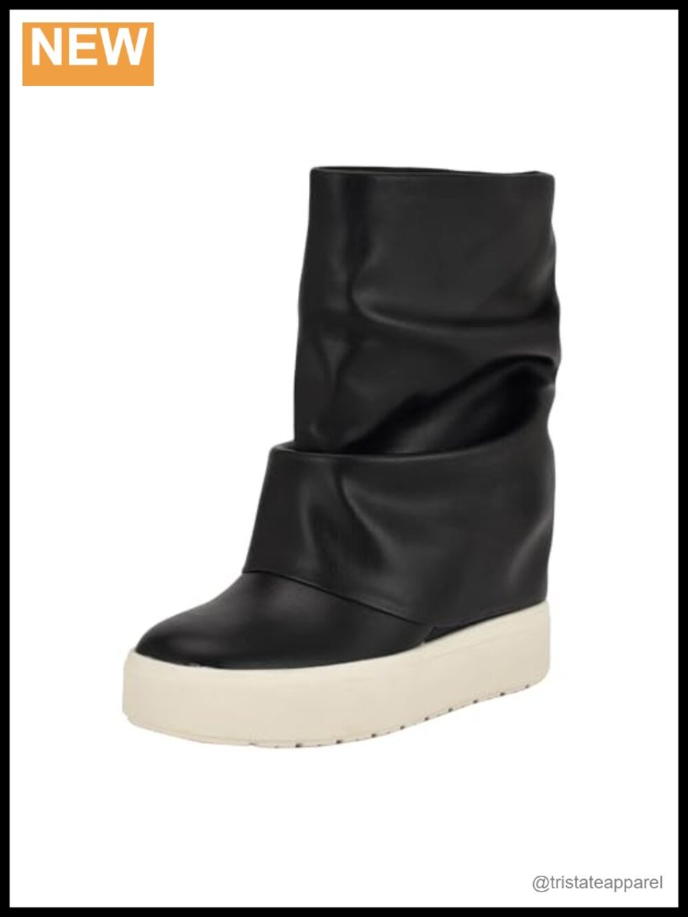 Faux Leather Round Toe Ankle Bootie Pull-On Wedge Heel Slouchy Foldover